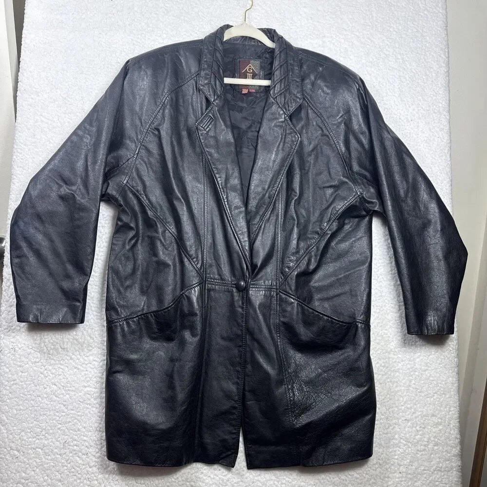 (R1) G III Women's Vintage 80s Black Leather Blazer, Size L, Biker Style